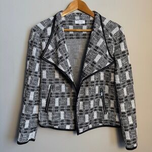 Calvin Klein Women's Black White Plaid Open Jacket Blazer Medium Glitter Chic